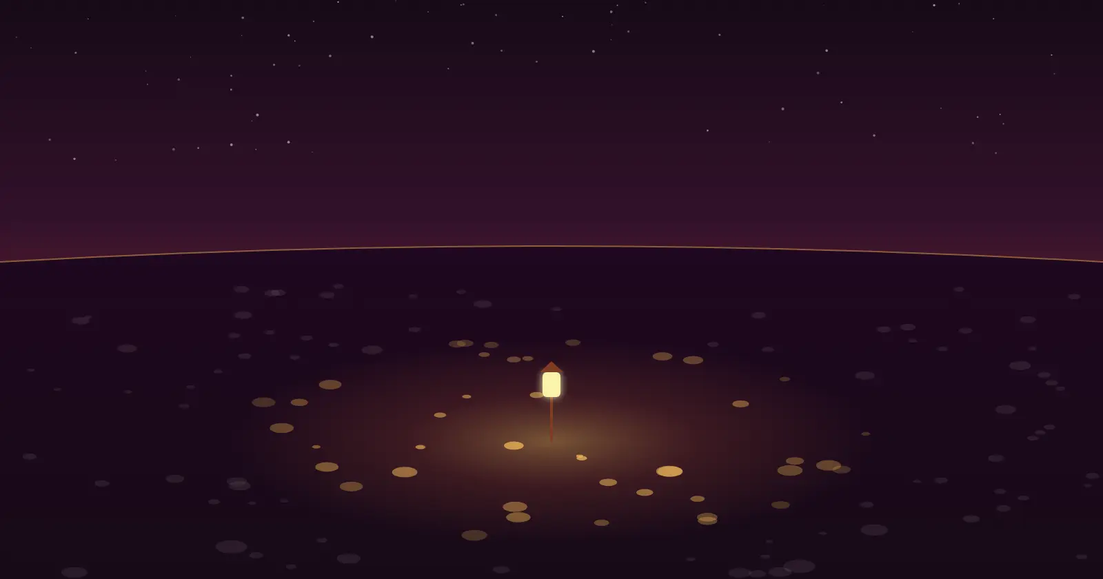 Illustration: a small lantern on the ground at dusk. Its pool of light shows the stones nearby clearly, while those further off fade into the dark.