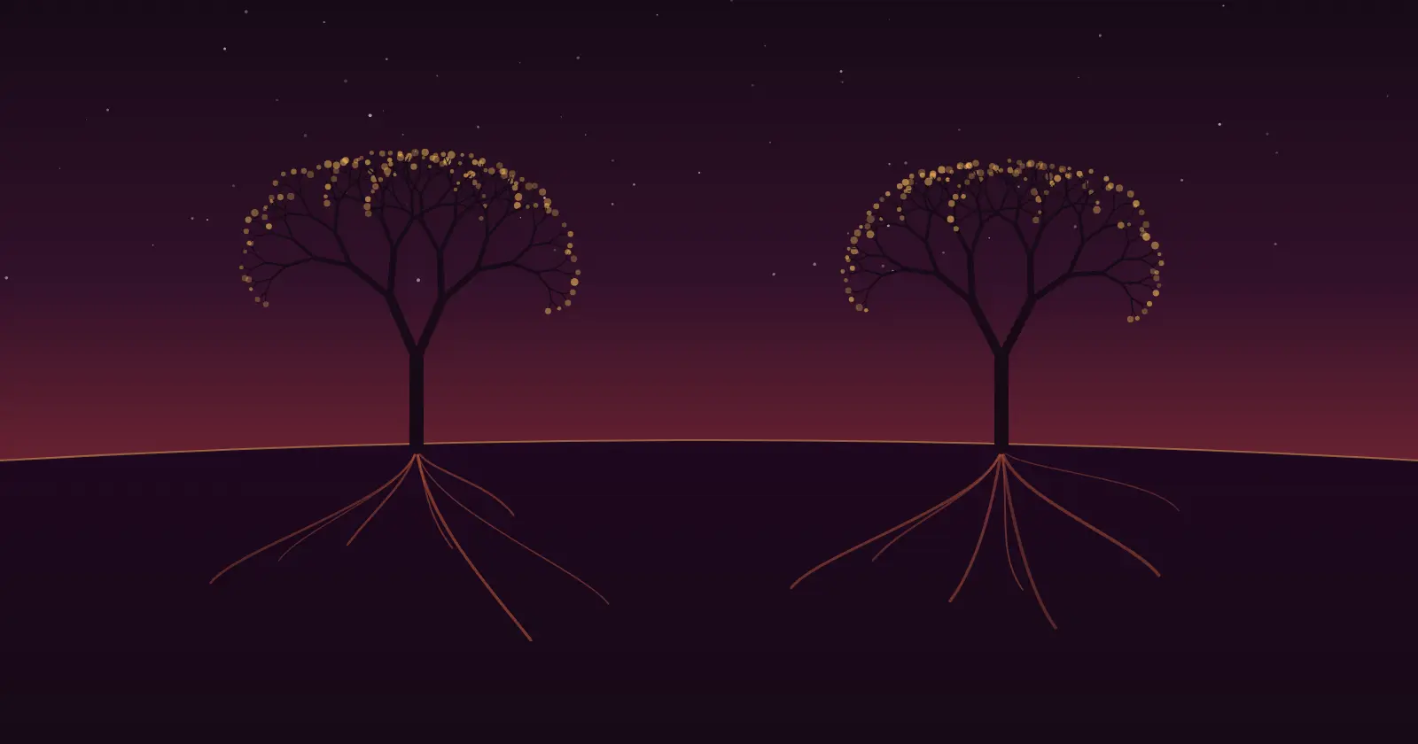Illustration: two lone trees on a plain at dusk. Their roots run apart under the ground and never touch.