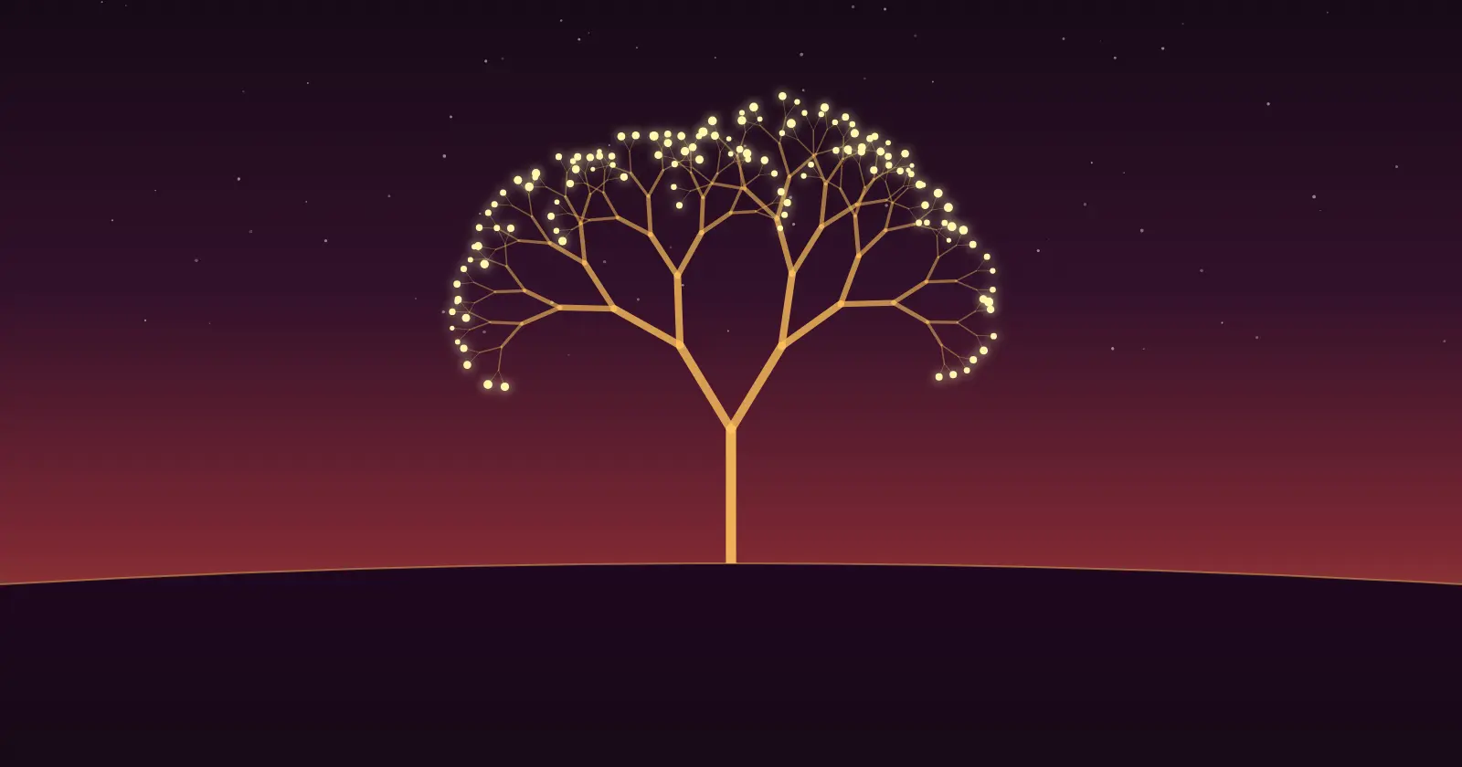 Illustration: a tree of thin golden branches against a dusk sky, each twig ending in a point of light.