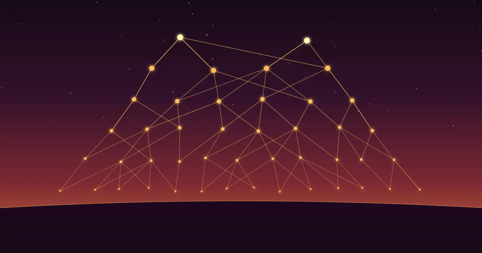 Illustration: rows of glowing points against a dusk sky, joined by gold lines that converge on a few points at the top.