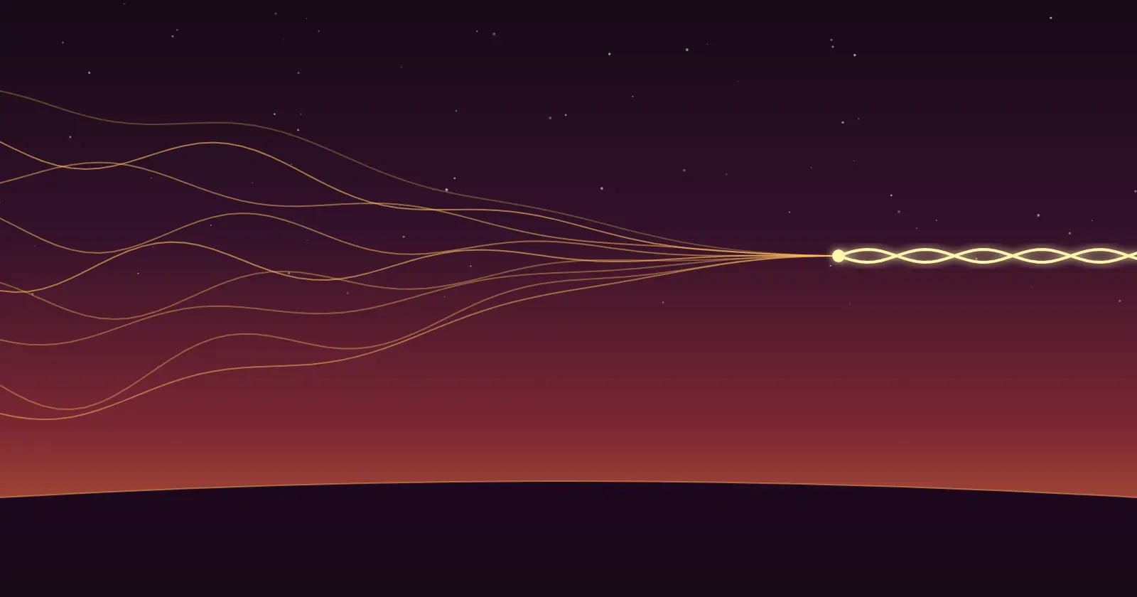Illustration: several thin gold threads drift in from the left against a dusk sky and twist into a single glowing strand on the right.