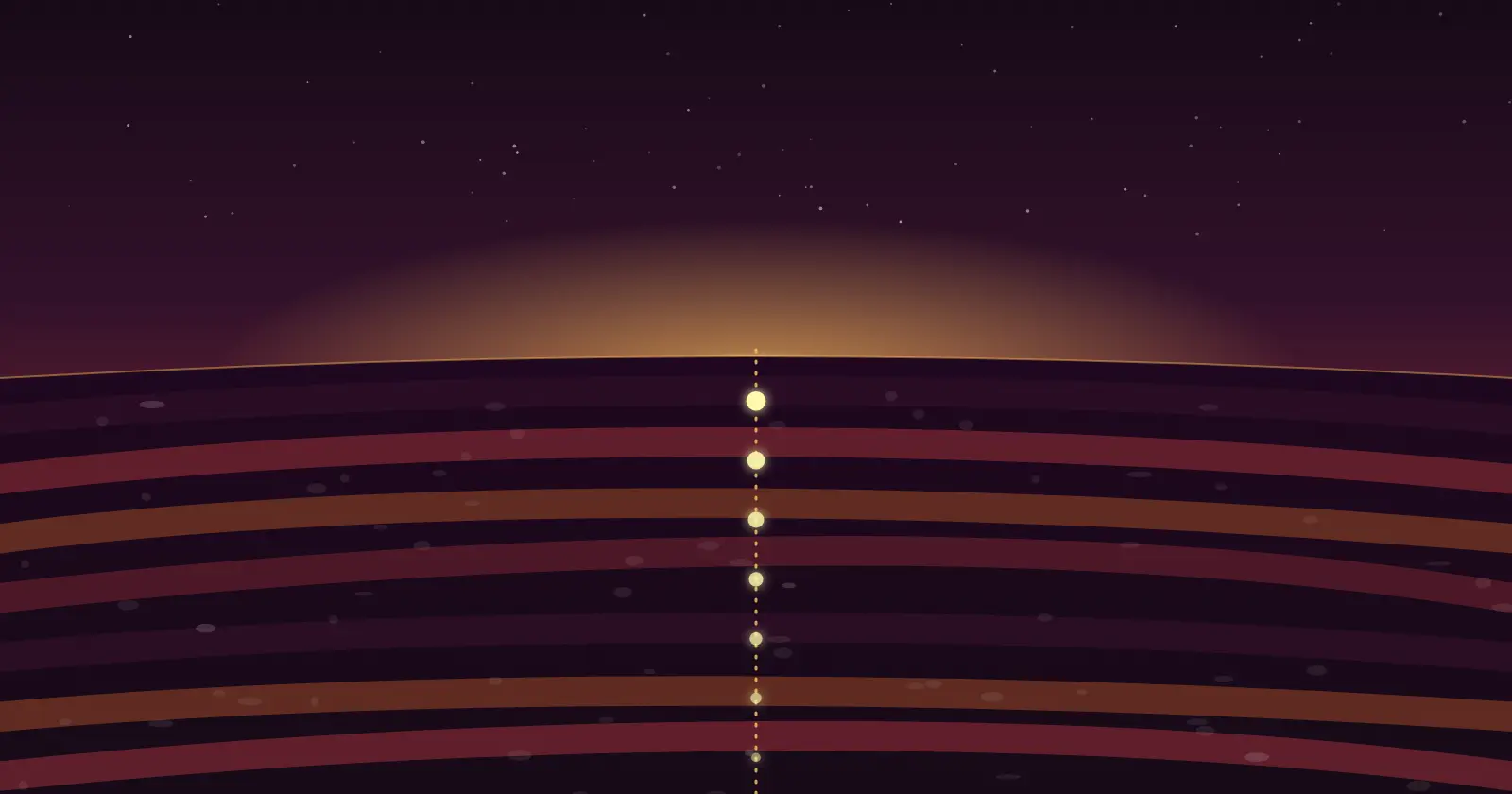 Illustration: layers of ground beneath a dusk horizon, and a thin gold line running down through them, lit where it crosses each of seven layers.