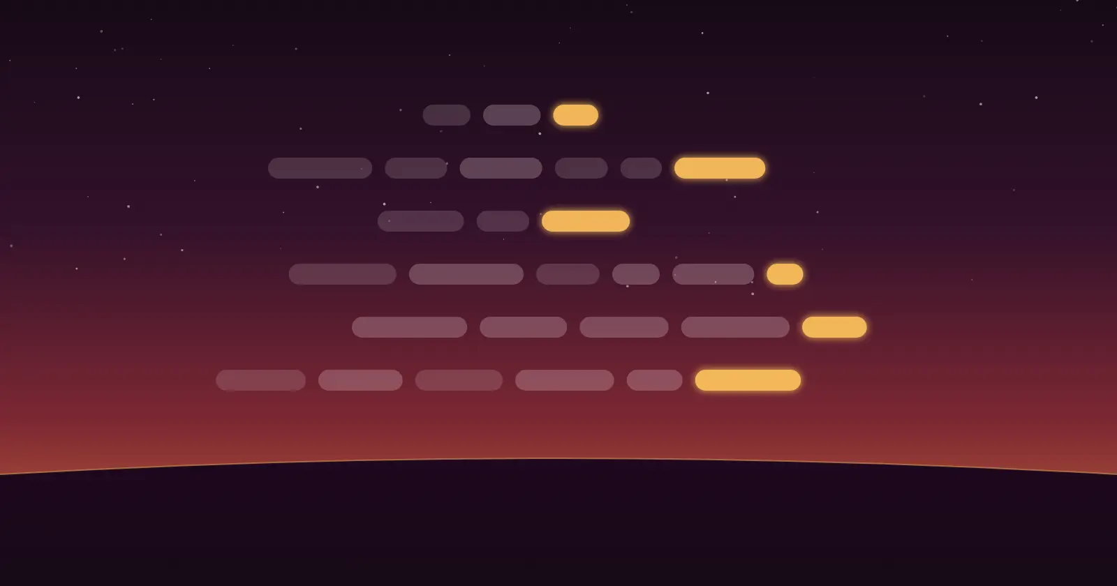 Illustration: rows of rounded bars against a dusk sky; the last bar in each row glows gold.