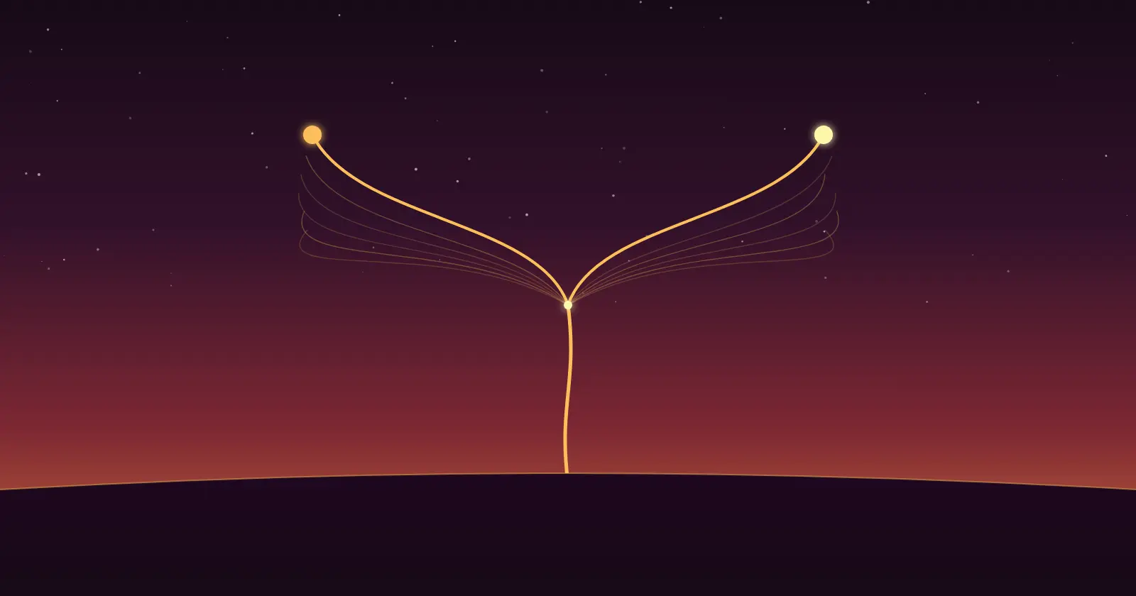 Illustration: a single gold thread rises against a dusk sky and splits into two mirrored branches, each ending in a glowing point.