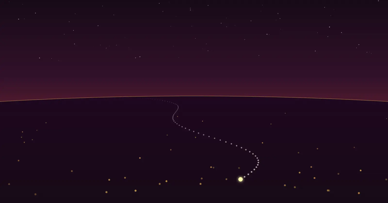 Illustration: scattered lights on a dark plain at dusk. From one of them a winding path of dots runs toward the horizon, fainter as it goes.