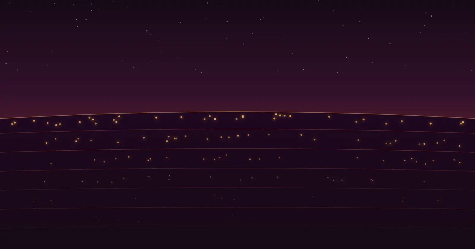 Illustration: the ground under an evening sky cut into curved layers. Each holds a row of small lights, brightest in the top layer and fainter in the deeper ones.