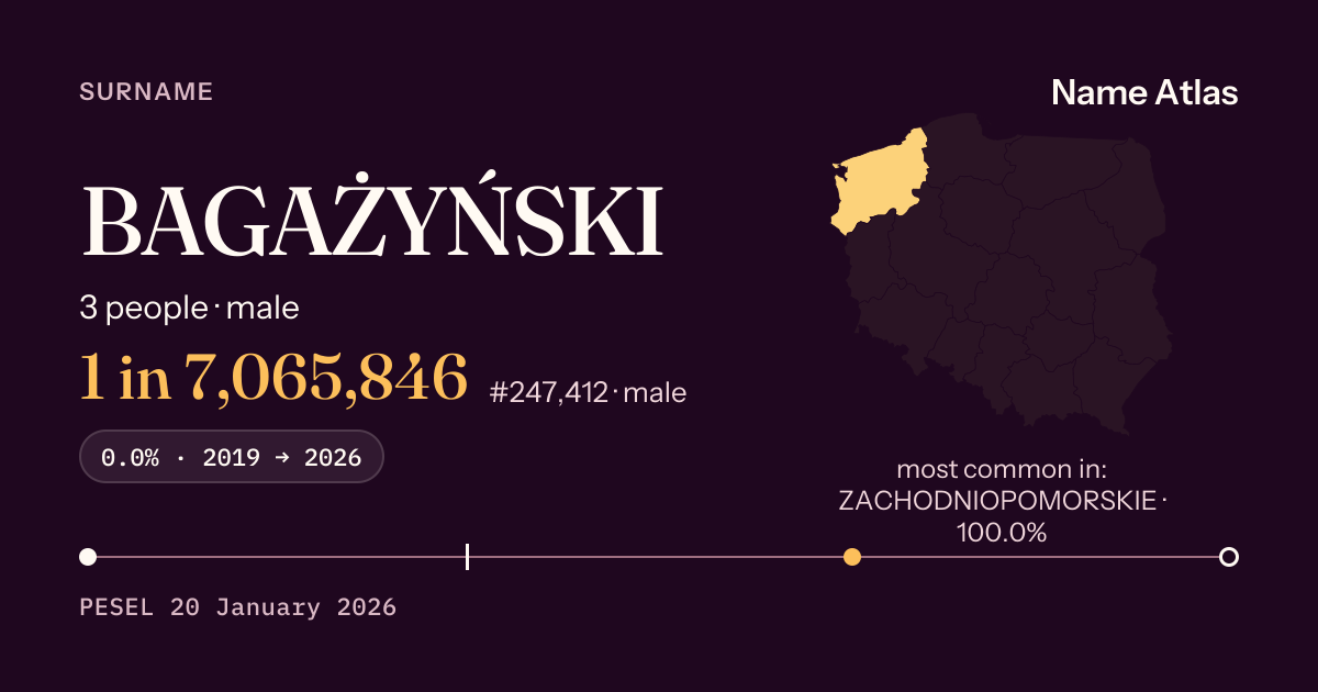 Surname card with figures from the PESEL register: BAGAŻYŃSKI