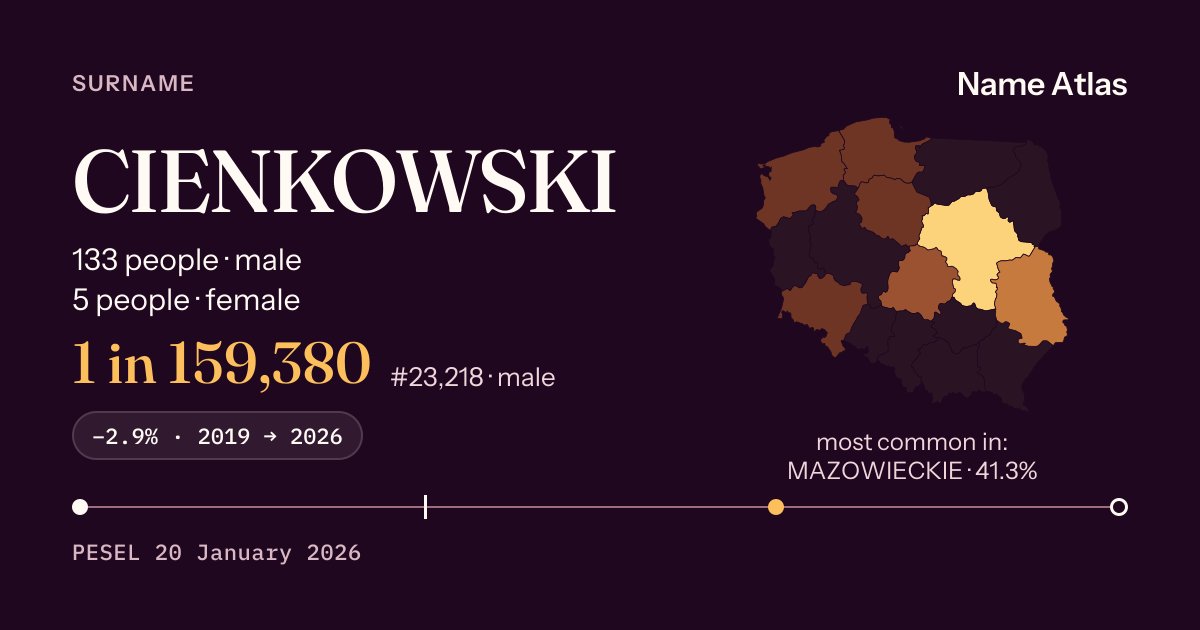 Surname card with figures from the PESEL register: CIENKOWSKI