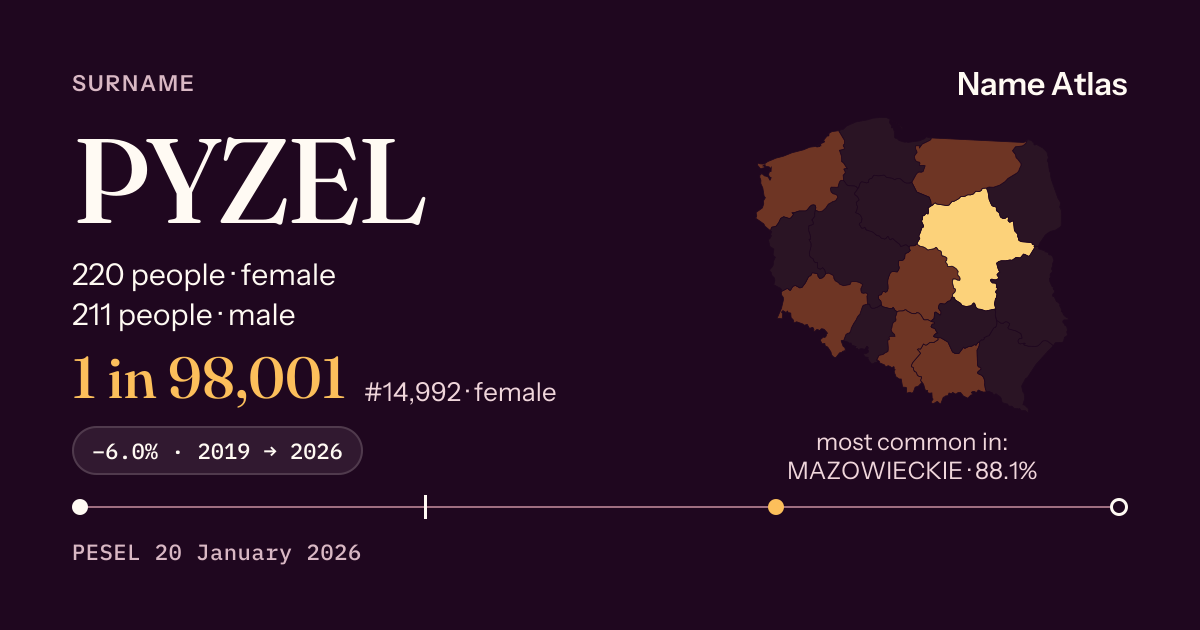 Surname card with figures from the PESEL register: PYZEL