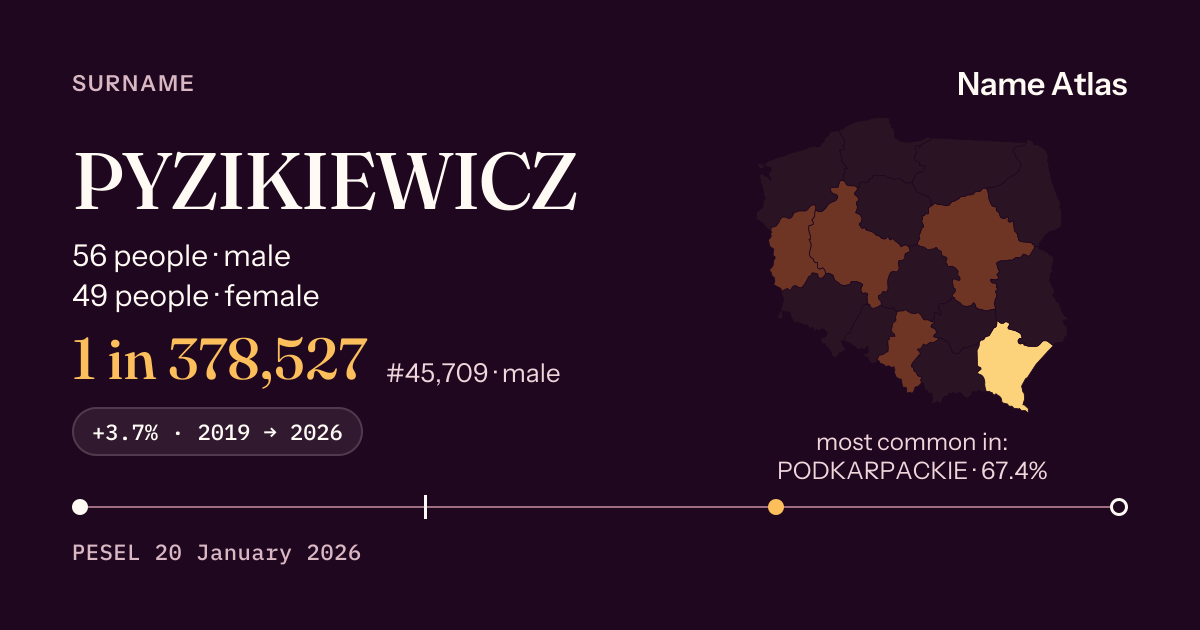 Surname card with figures from the PESEL register: PYZIKIEWICZ
