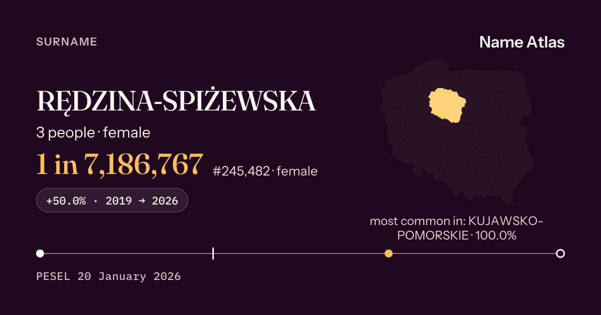 Surname card with figures from the PESEL register: RĘDZINA-SPIŻEWSKA
