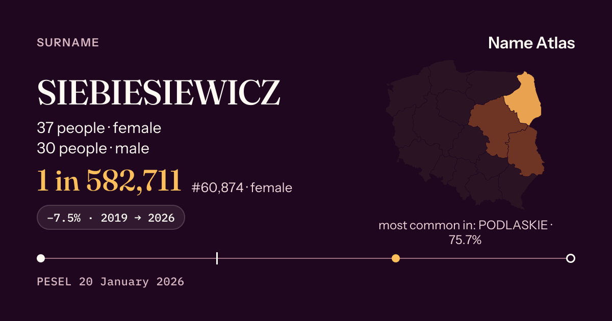 Surname card with figures from the PESEL register: SIEBIESIEWICZ