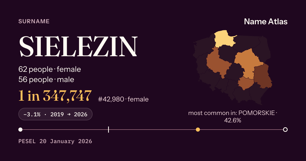 Surname card with figures from the PESEL register: SIELEZIN