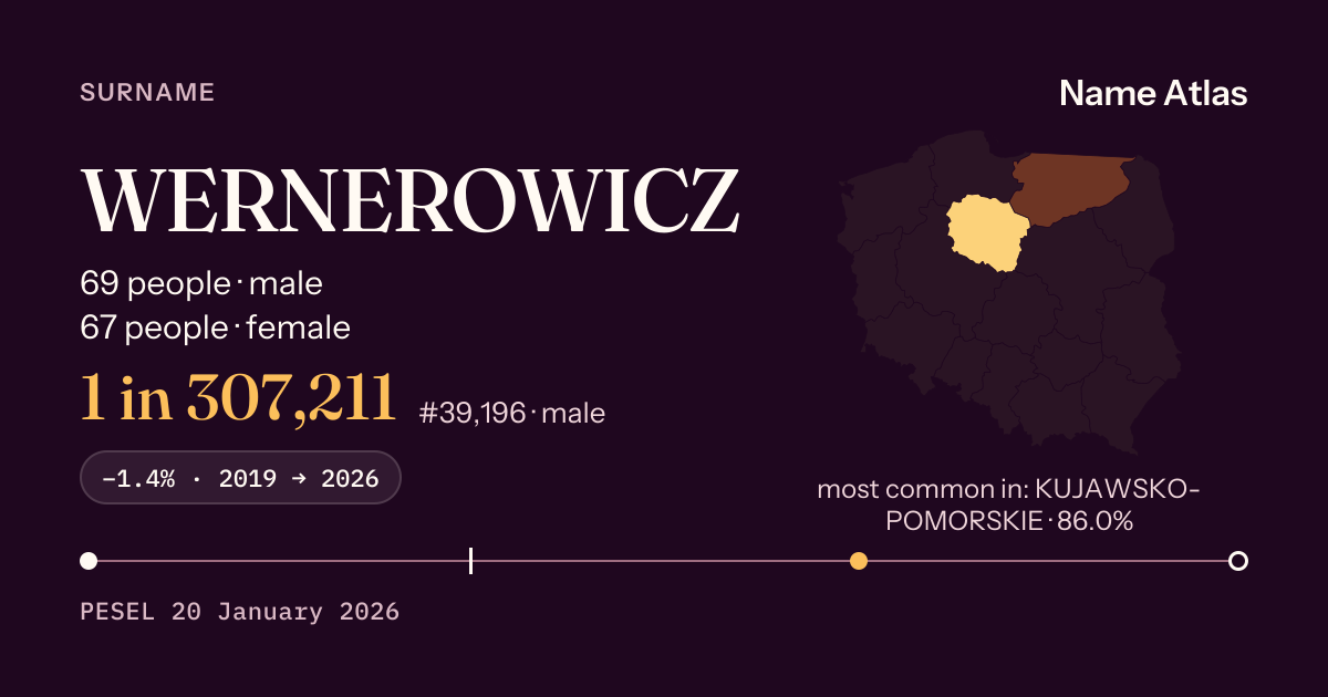 Surname card with figures from the PESEL register: WERNEROWICZ
