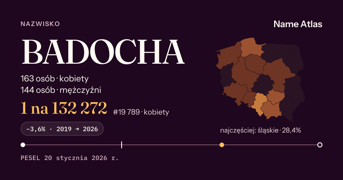 Karta nazwiska z liczbami z rejestru PESEL: BADOCHA