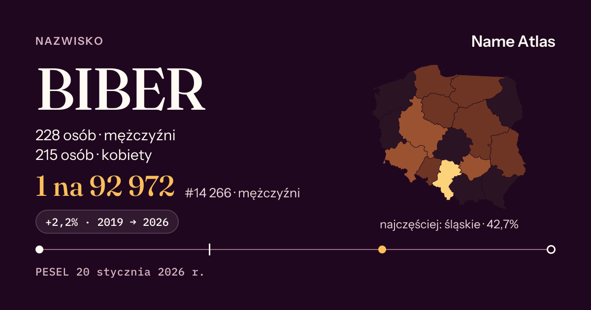 Karta nazwiska z liczbami z rejestru PESEL: BIBER