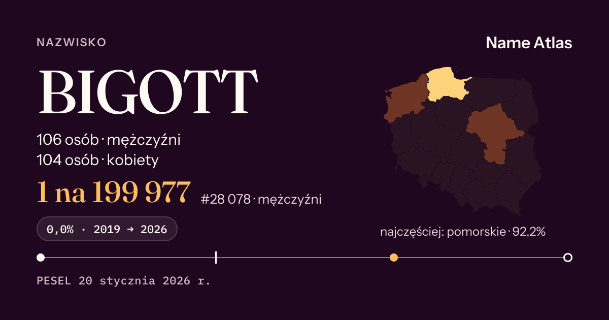 Karta nazwiska z liczbami z rejestru PESEL: BIGOTT