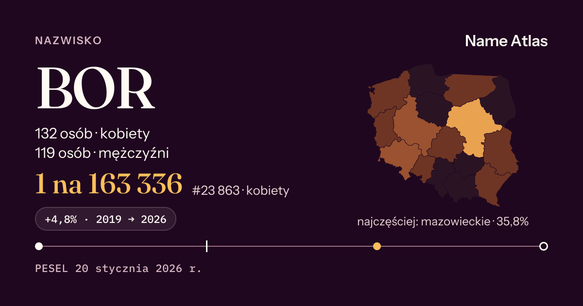 Karta nazwiska z liczbami z rejestru PESEL: BOR