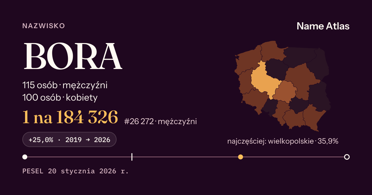 Karta nazwiska z liczbami z rejestru PESEL: BORA