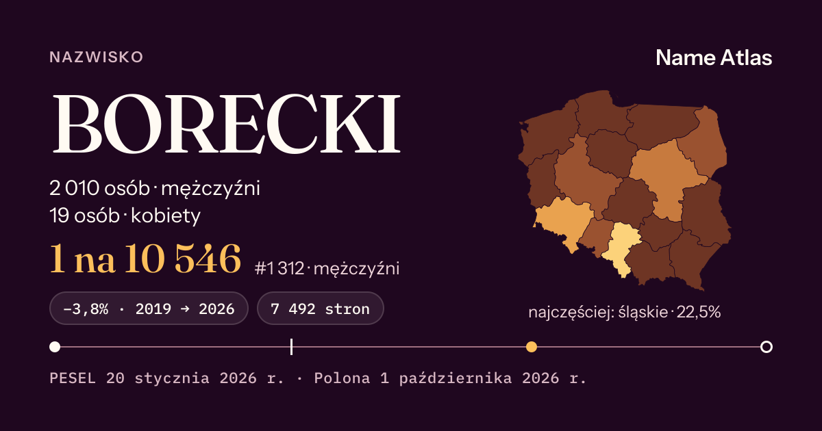 Karta nazwiska z liczbami z rejestru PESEL: BORECKI