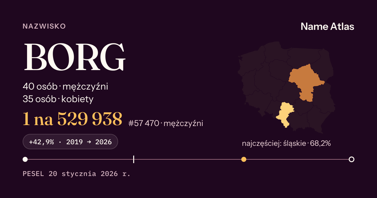 Karta nazwiska z liczbami z rejestru PESEL: BORG