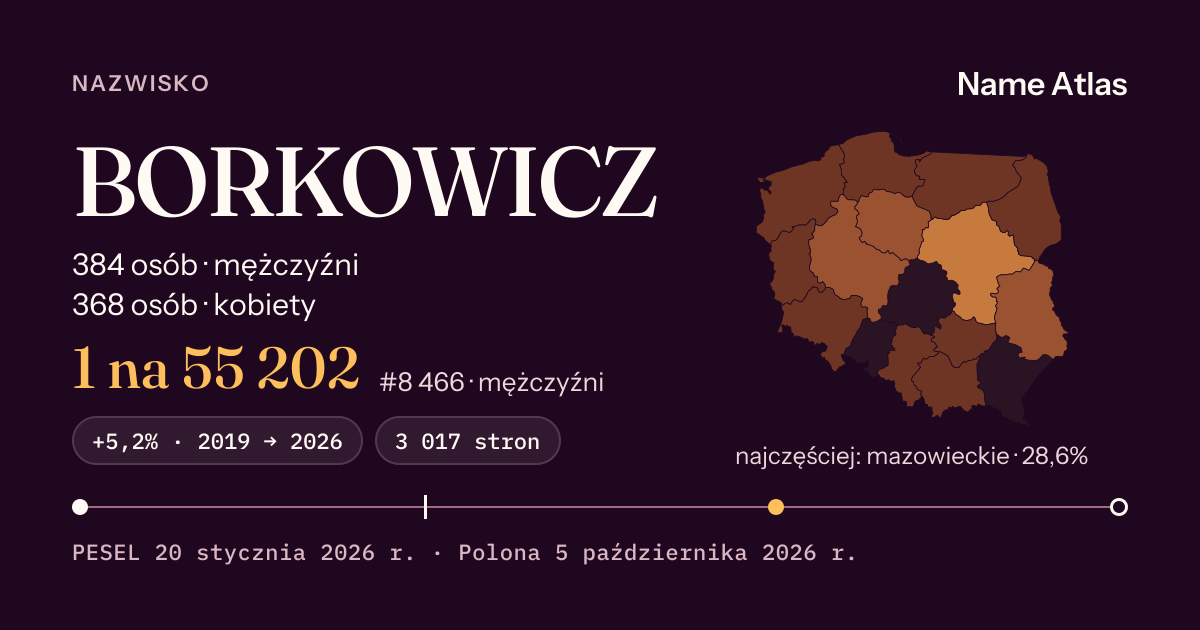 Karta nazwiska z liczbami z rejestru PESEL: BORKOWICZ
