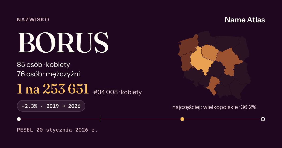 Karta nazwiska z liczbami z rejestru PESEL: BORUS