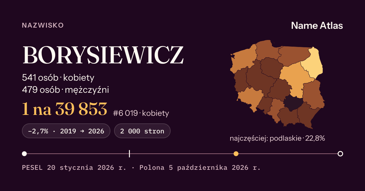 Karta nazwiska z liczbami z rejestru PESEL: BORYSIEWICZ