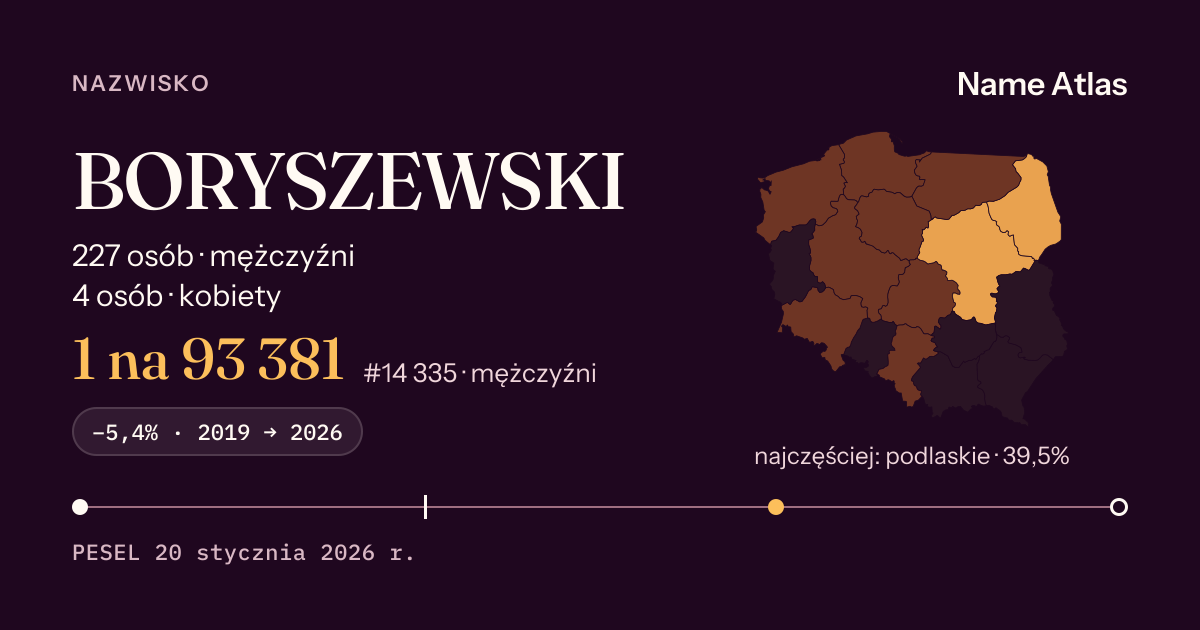 Karta nazwiska z liczbami z rejestru PESEL: BORYSZEWSKI