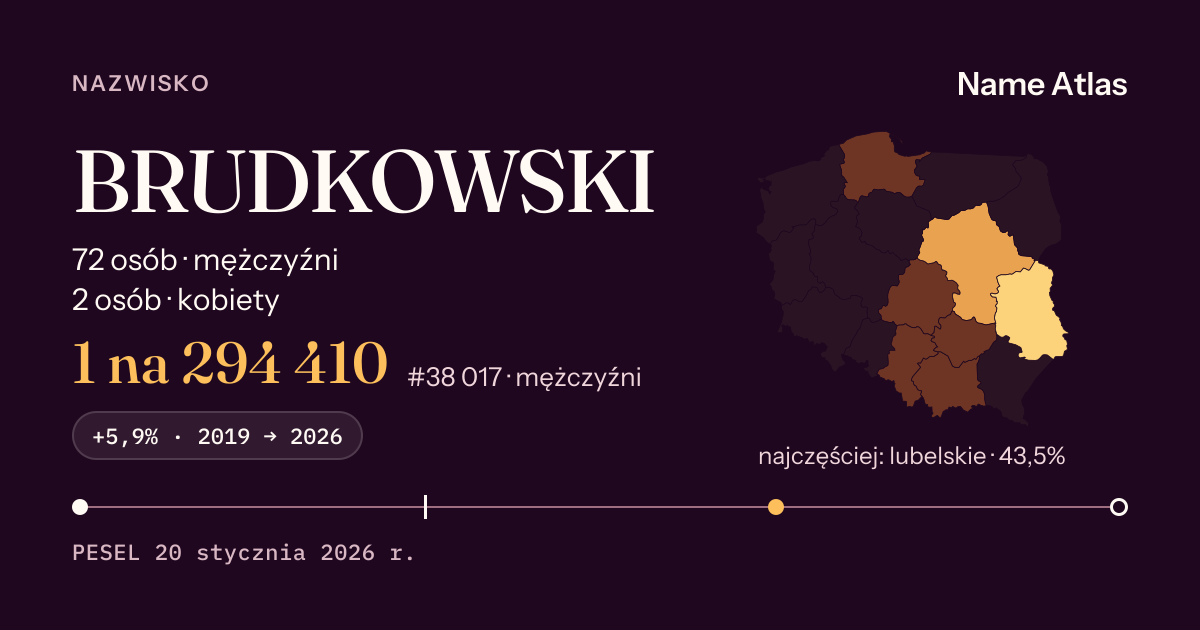 Karta nazwiska z liczbami z rejestru PESEL: BRUDKOWSKI