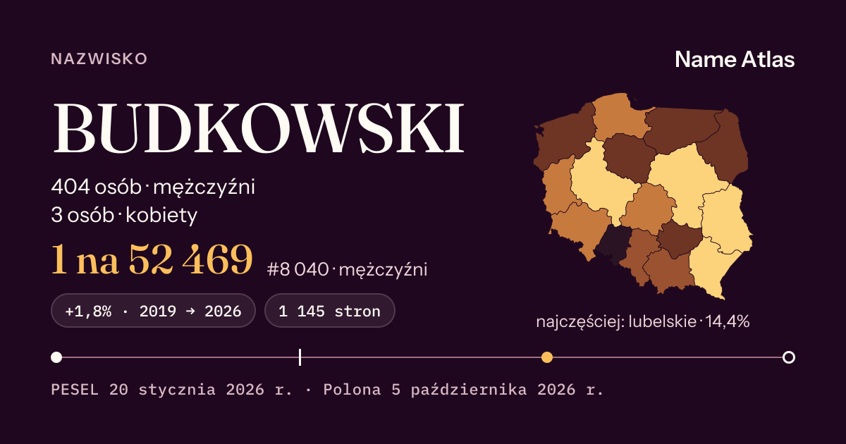 Karta nazwiska z liczbami z rejestru PESEL: BUDKOWSKI