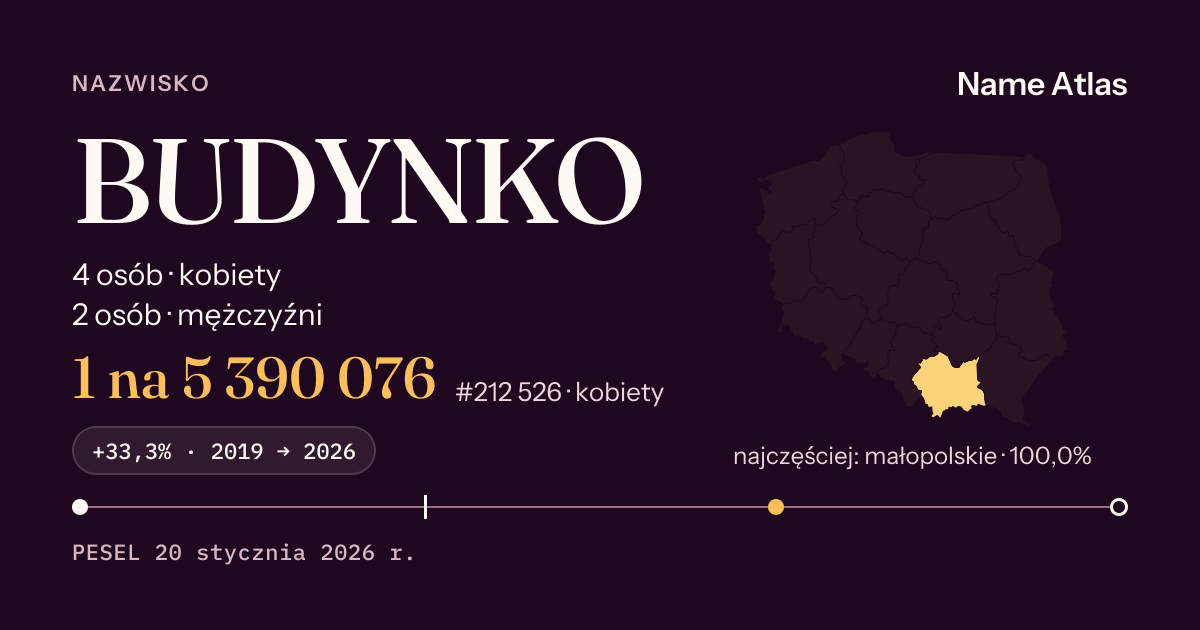 Karta nazwiska z liczbami z rejestru PESEL: BUDYNKO
