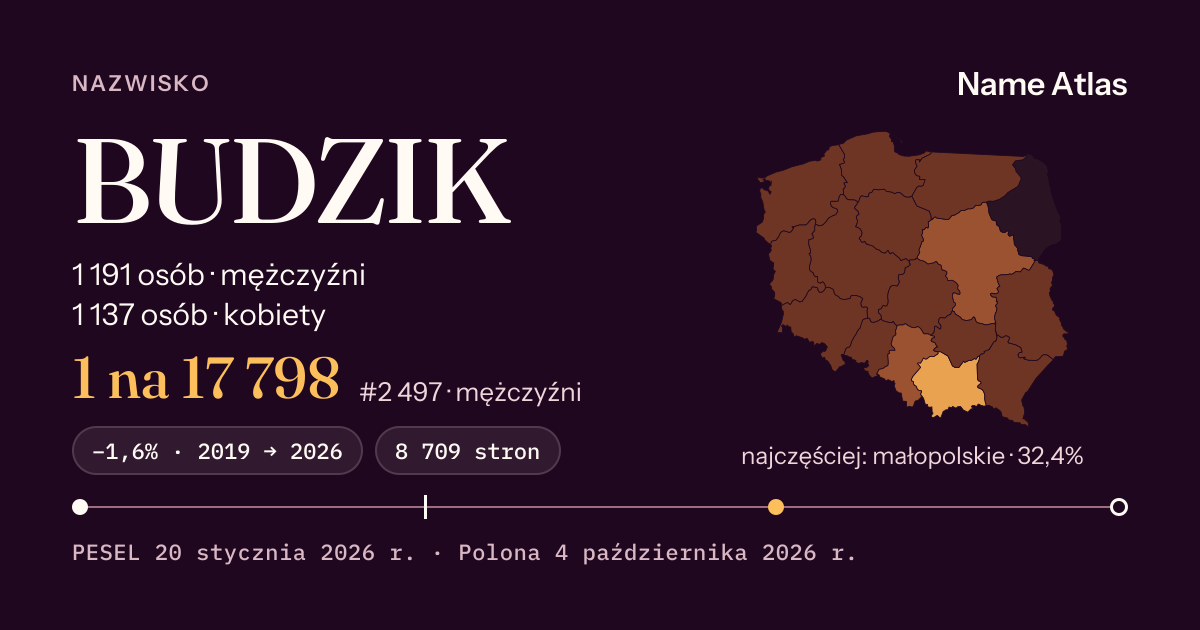 Karta nazwiska z liczbami z rejestru PESEL: BUDZIK