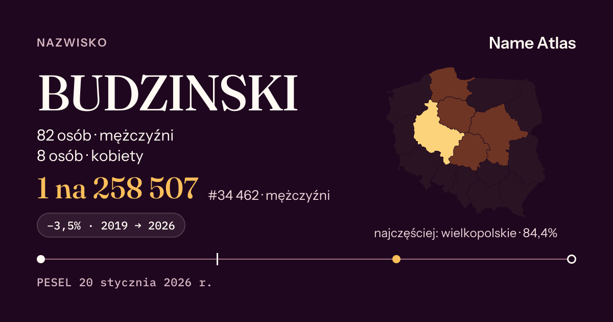 Karta nazwiska z liczbami z rejestru PESEL: BUDZINSKI