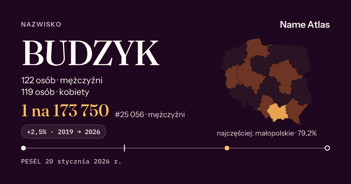 Karta nazwiska z liczbami z rejestru PESEL: BUDZYK