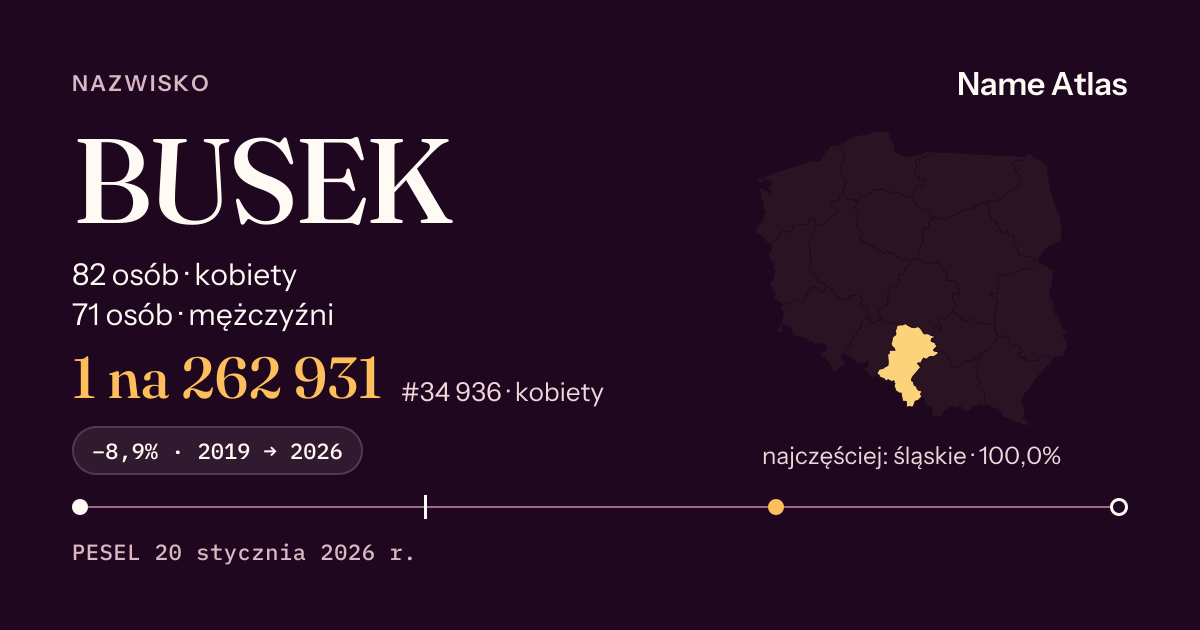 Karta nazwiska z liczbami z rejestru PESEL: BUSEK