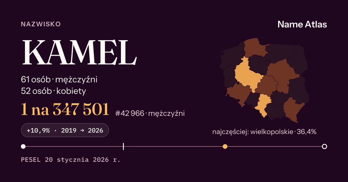 Karta nazwiska z liczbami z rejestru PESEL: KAMEL