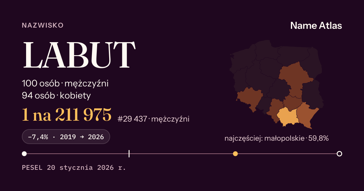 Karta nazwiska z liczbami z rejestru PESEL: LABUT