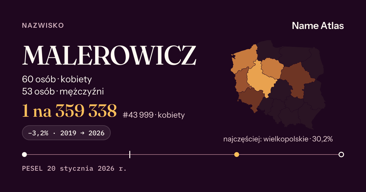 Karta nazwiska z liczbami z rejestru PESEL: MALEROWICZ