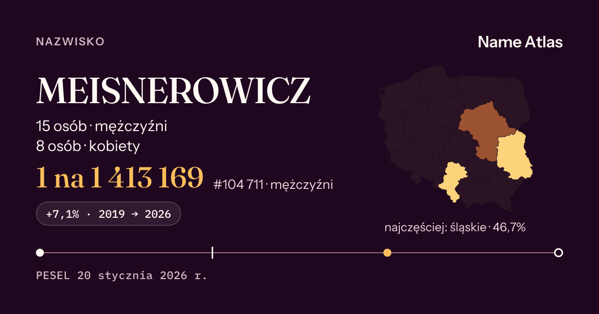 Karta nazwiska z liczbami z rejestru PESEL: MEISNEROWICZ