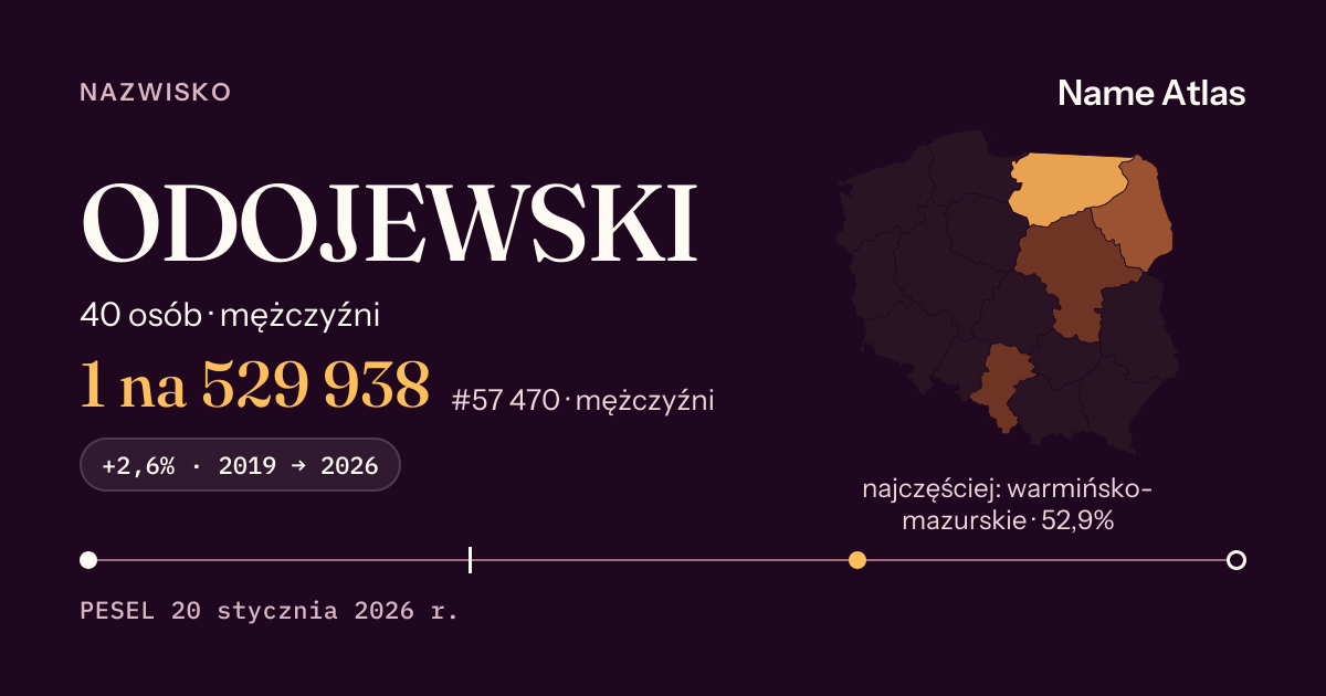 Karta nazwiska z liczbami z rejestru PESEL: ODOJEWSKI