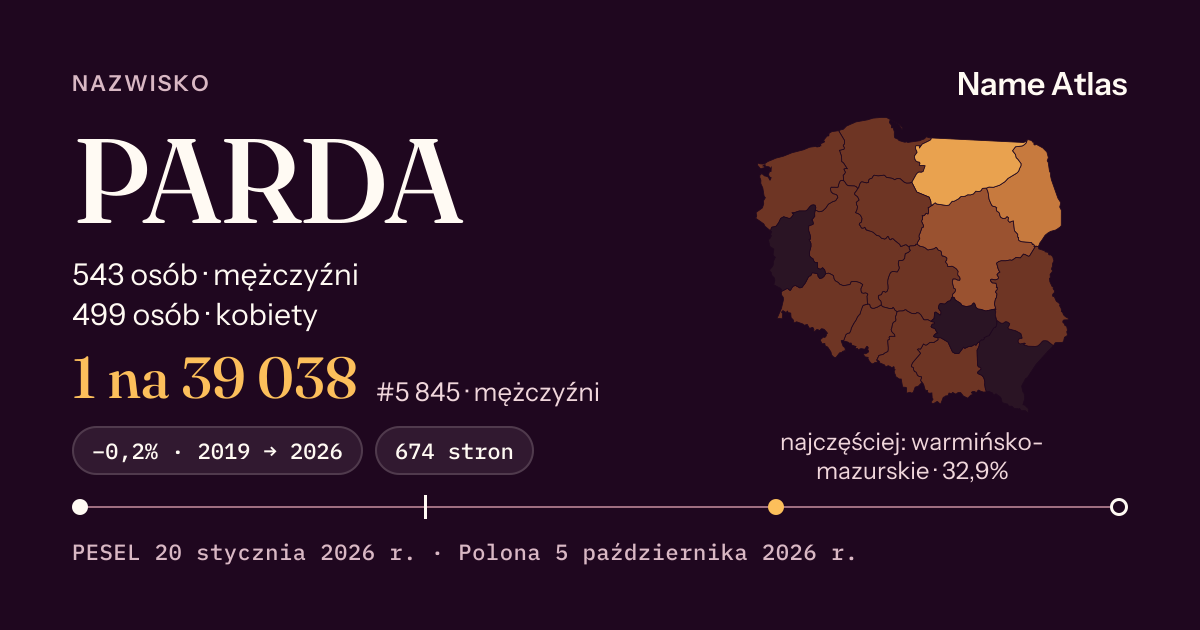 Karta nazwiska z liczbami z rejestru PESEL: PARDA