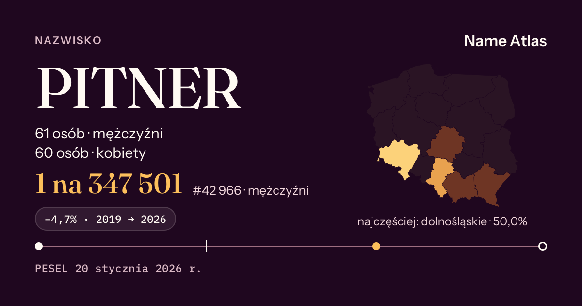 Karta nazwiska z liczbami z rejestru PESEL: PITNER