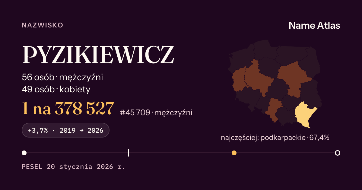 Karta nazwiska z liczbami z rejestru PESEL: PYZIKIEWICZ