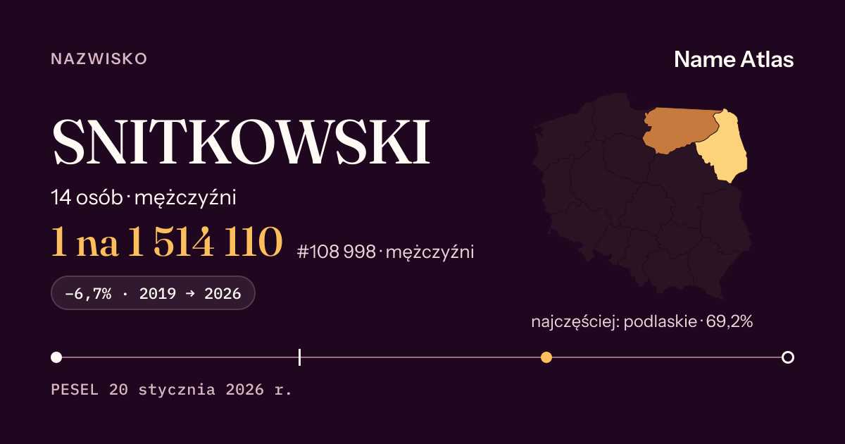 Karta nazwiska z liczbami z rejestru PESEL: SNITKOWSKI